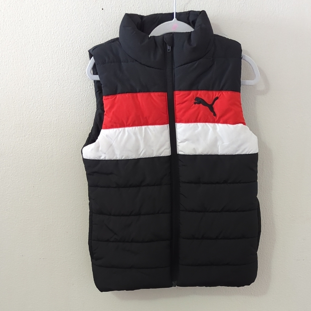 Puma Puffer Vest Black White Red Chest Stripe Boys Size S 7-8